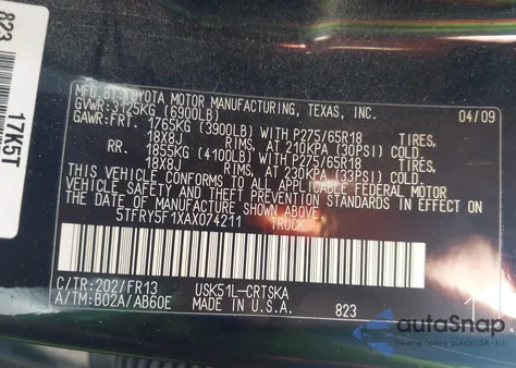 2010 Toyota Tundra Grade 5.7L V8 z USA, uszkodzony, nr VIN 5TFRY5F1XAX074211